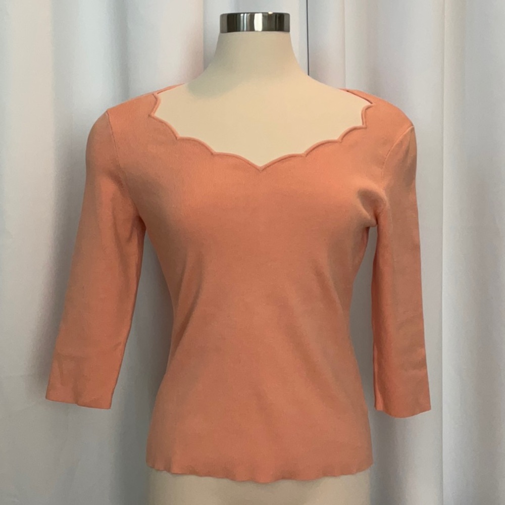 Dana Buchman Peach Scalloped Neck 3/4 Sleeve Top Women Size L